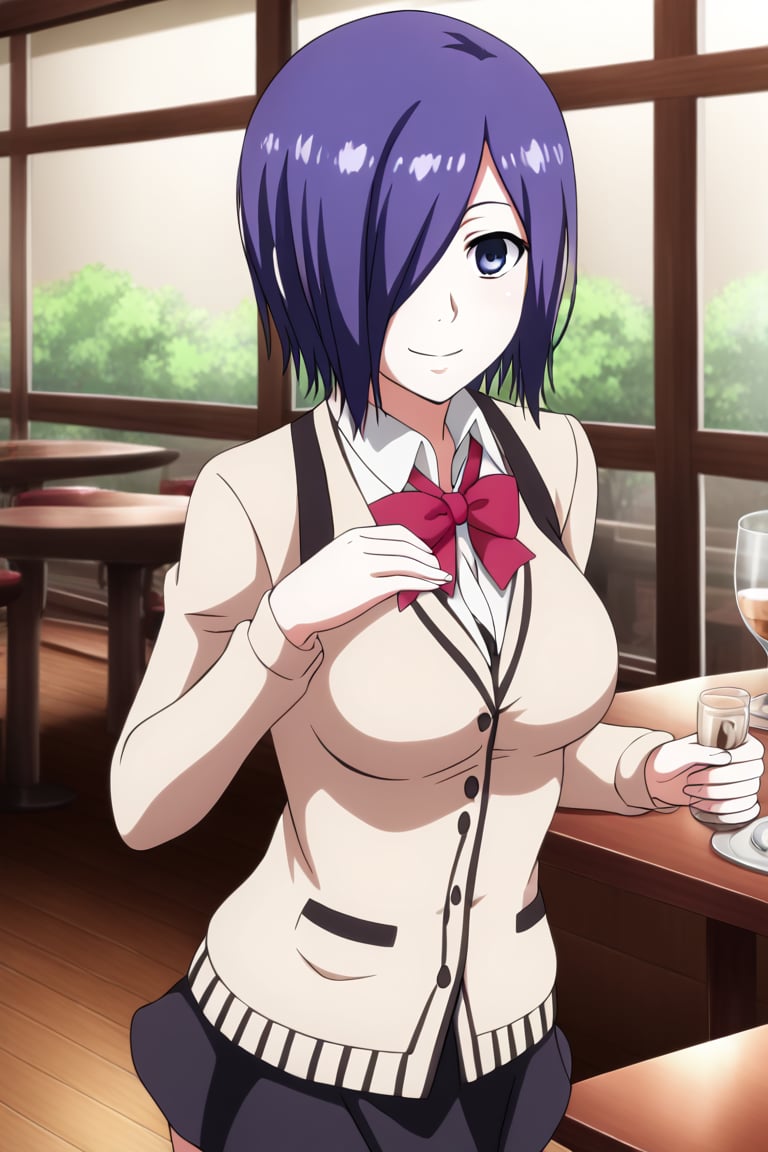 , slimes_touka, woman, solo, black skirt, hair over one eye, smile, cafe background