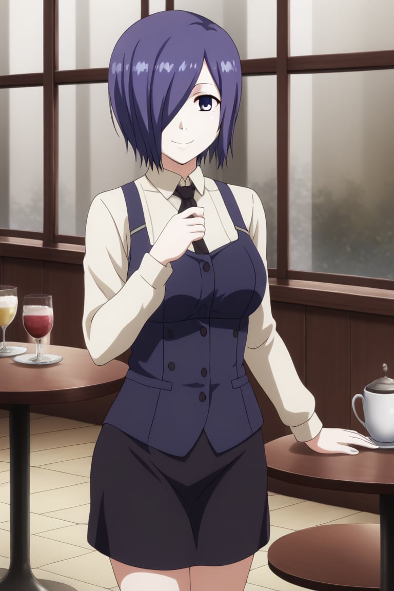 , slimes_touka, woman, solo, black skirt, hair over one eye, smile, cafe background