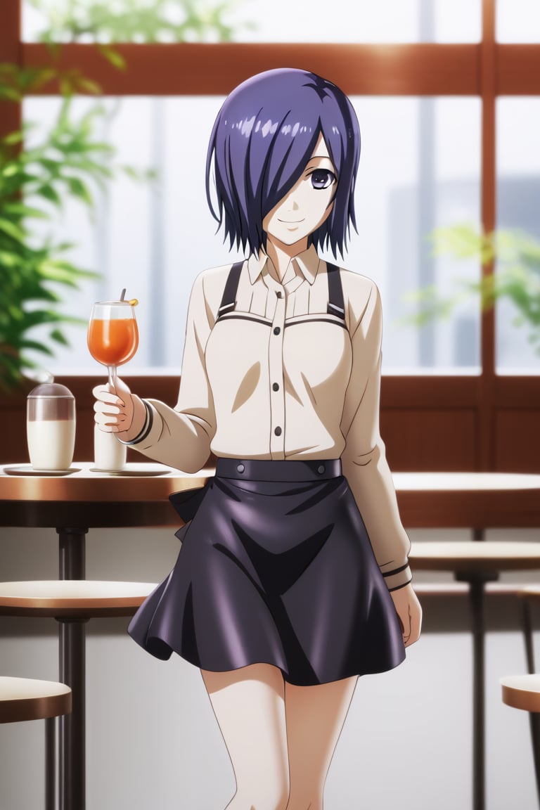 , slimes_touka, woman, solo, black skirt, hair over one eye, smile, cafe background