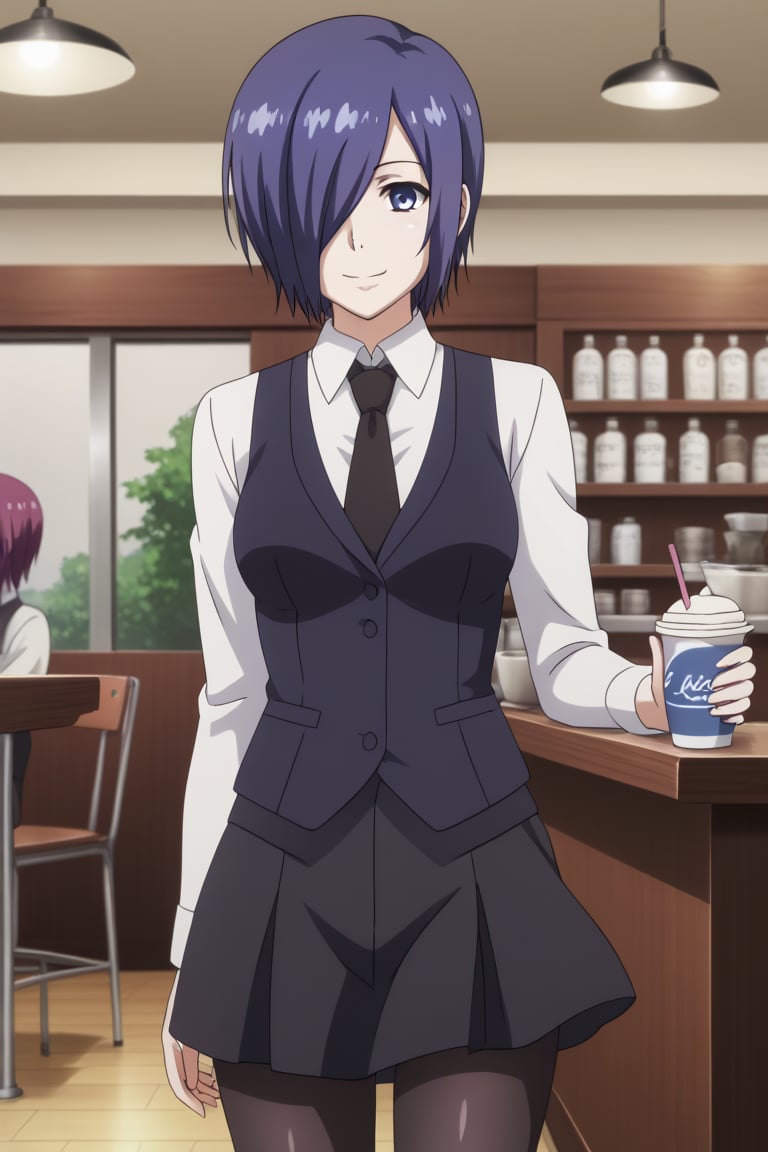 , slimes_touka, woman, black skirt, hair over one eye, smile, cafe background,1girl, solo, short hair, blue eyes, skirt, shirt, blue hair,  white shirt, pantyhose, necktie, collared shirt, indoors, hair over one eye, vest, black pantyhose, black necktie, black vest,  kirishima touka