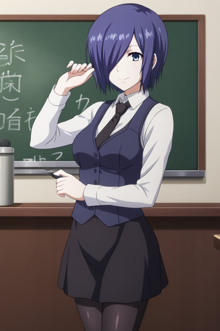 , slimes_touka, woman, solo, black skirt, hair over one eye, smile, cafe background,1girl, solo, short hair, blue eyes, skirt, shirt, blue hair, standing, white shirt, pantyhose, necktie, collared shirt, indoors, hair over one eye, vest, black pantyhose, black necktie, black vest, chalkboard, kirishima touka