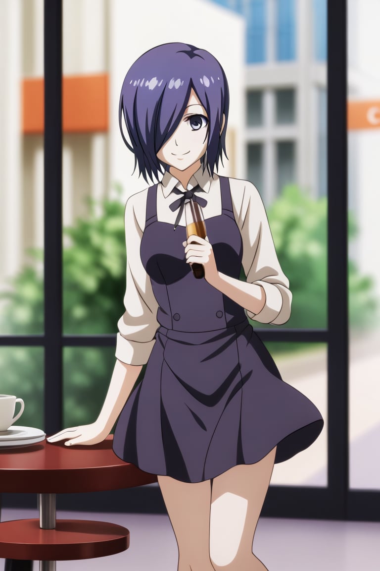 , slimes_touka, woman, solo, black skirt, hair over one eye, smile, cafe background