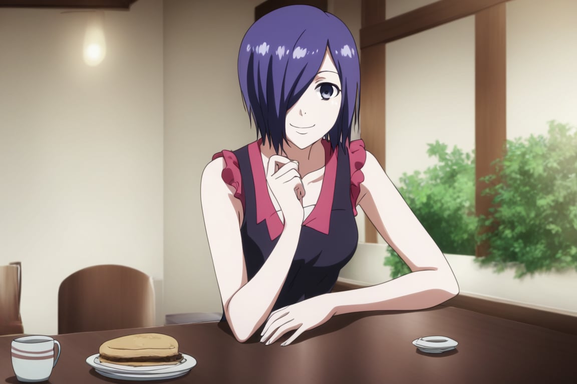 , slimes_touka, woman, solo, black skirt, hair over one eye, smile, cafe background