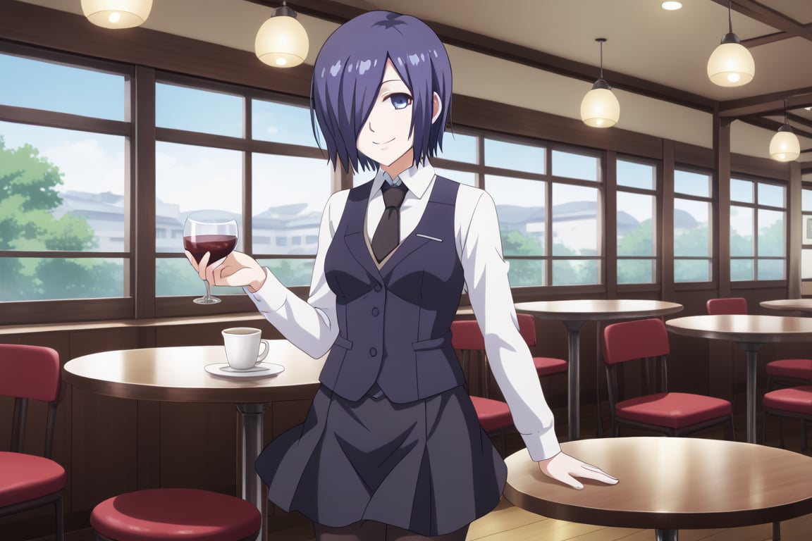 , slimes_touka, woman, black skirt, hair over one eye, smile, cafe background,1girl, solo, short hair, blue eyes, skirt, shirt, blue hair,  white shirt, pantyhose, necktie, collared shirt, indoors, hair over one eye, vest, black pantyhose, black necktie, black vest,  kirishima touka