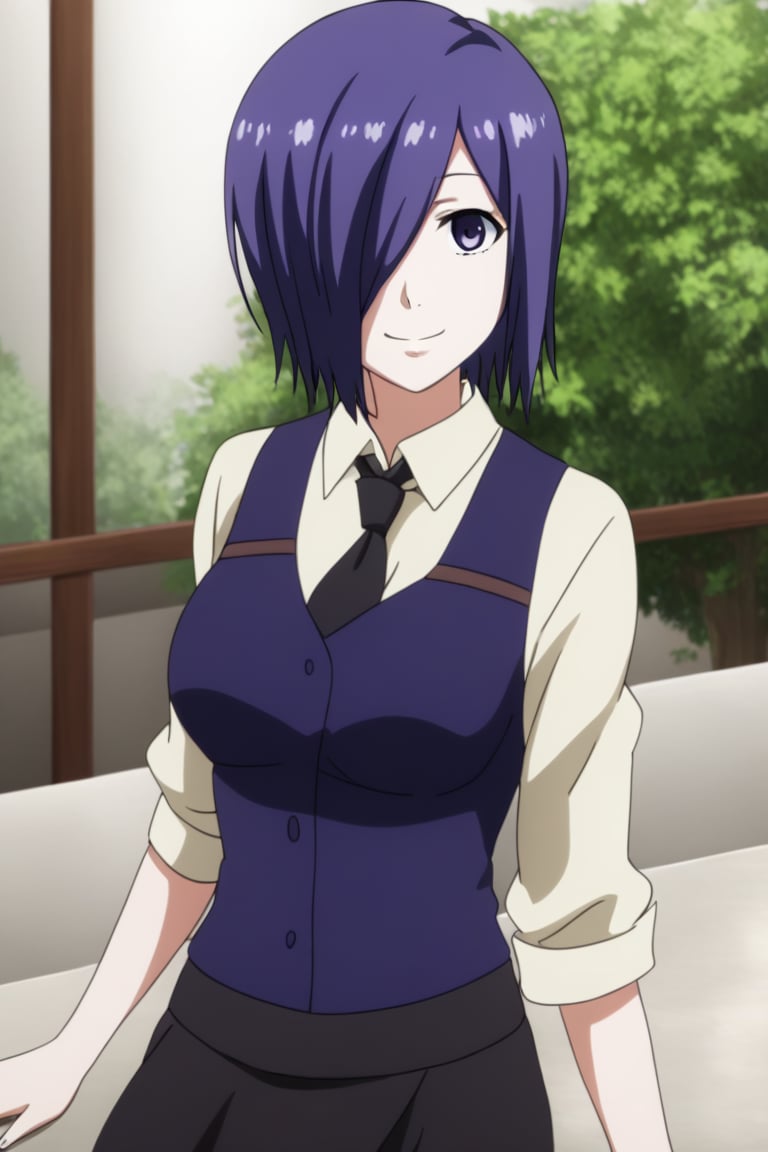 , slimes_touka, woman, solo, black skirt, hair over one eye, smile, cafe background