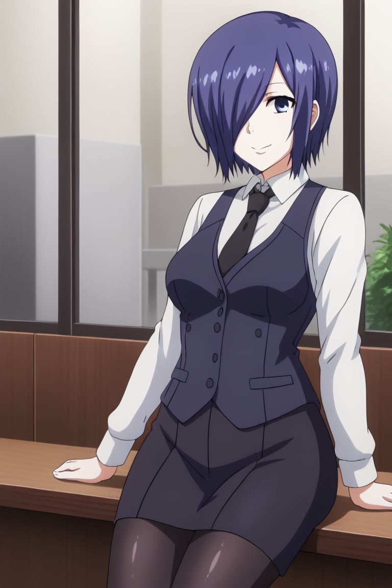 , slimes_touka, woman, solo, black skirt, hair over one eye, smile, cafe background,1girl, solo, short hair, blue eyes, skirt, shirt, blue hair,  white shirt, pantyhose, necktie, collared shirt, indoors, hair over one eye, vest, black pantyhose, black necktie, black vest,  kirishima touka