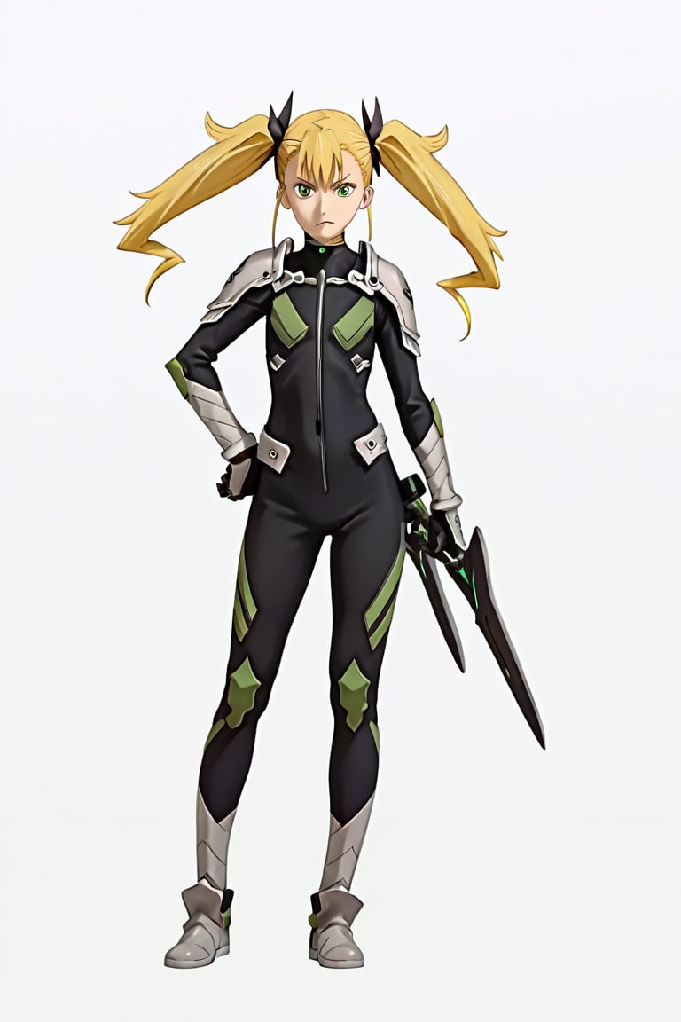 , score_9, score_8_up, score_7_up, score_6_up, score_5_up, score_4_up, source_anime, masterpiece , anime screencap, absurdres, 

, 


KikoruShinomiya, 1girl, blonde hair, twintails, green eyes
black bodysuit, shoulder armor, gauntlets, boots
mask around neck


, naked, nude, 

,(( white background, blank background,)),
