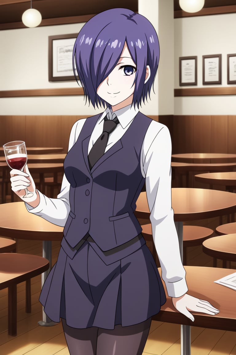 , slimes_touka, woman, black skirt, hair over one eye, smile, cafe background,1girl, solo, short hair, blue eyes, skirt, shirt, blue hair,  white shirt, pantyhose, necktie, collared shirt, indoors, hair over one eye, vest, black pantyhose, black necktie, black vest,  kirishima touka