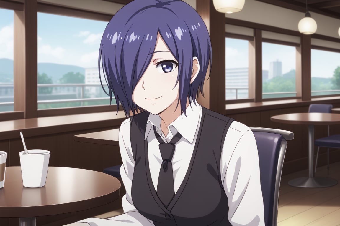 , slimes_touka, woman, black skirt, hair over one eye, smile, cafe background,1girl, solo, short hair, blue eyes, skirt, shirt, blue hair,  white shirt, pantyhose, necktie, collared shirt, indoors, hair over one eye, vest, black pantyhose, black necktie, black vest,  kirishima touka