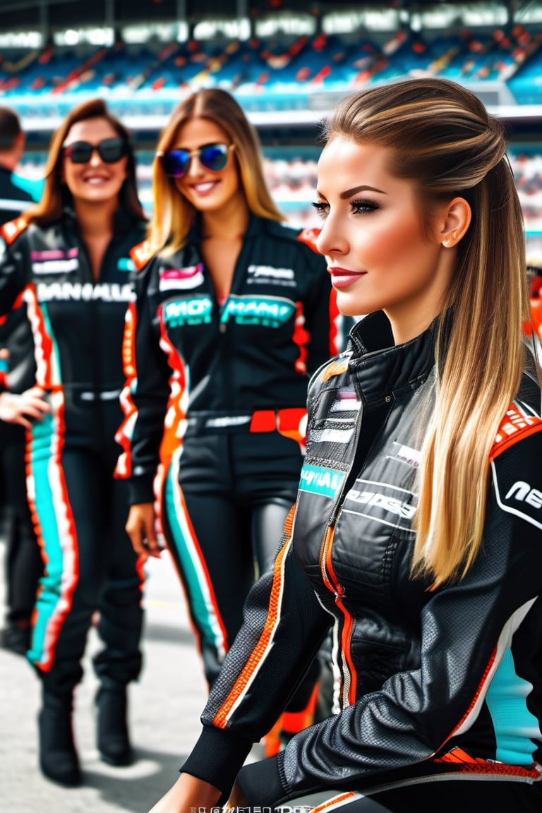 Detailed Racing Team female crew consisting of six beautiful perfect women of various types,  nationalities leaning forwar...