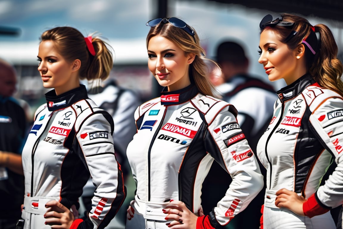Detailed Racing Team female crew consisting of six beautiful perfect women of various types,  nationalities leaning forwar...