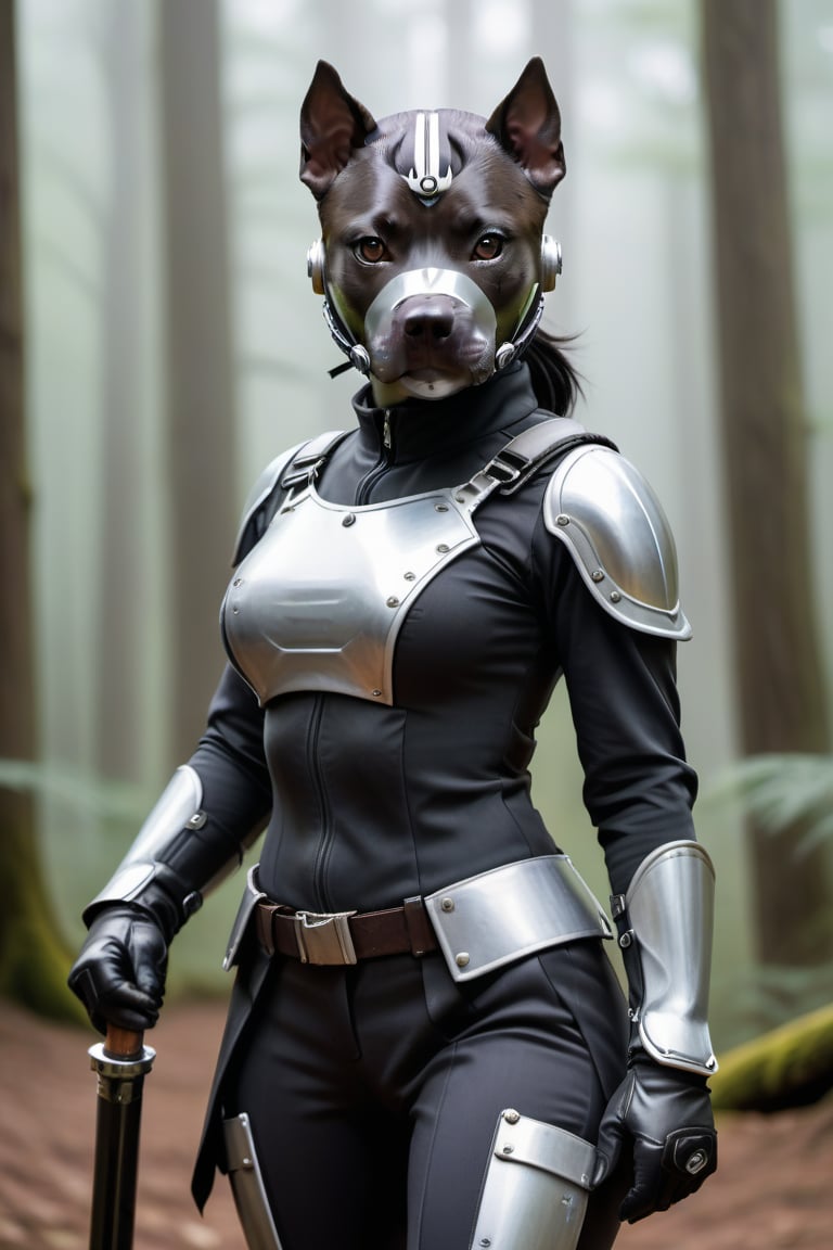 Cute black small pit bull female  terrier mix, with black hair small head, and black body, white streak of hair from under her head to the abdomen, half side of face metallic mask, big cute perfect brown eyes, wearing mechanical uniform white trim, holding light glowing sabers, standing in heroic pose, forest in background.