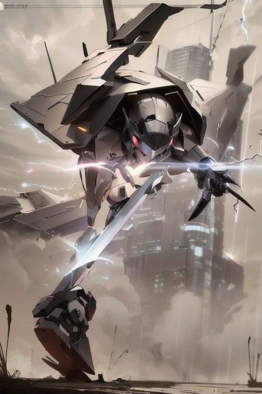 Mecha female_solo Soldier, doing standing split, wearing flexible mecha uniform, large breasts plate, battle-hardened, holding_extra large sword like weapon, battleground, stealthtech, dragonoid, lightning bolts, static, rain ,cutting edge,sleek angular 