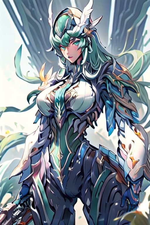 Mecha 20yrs old, beautiful model, detailed armor. Long green hair, blue eyes, perfect face, Soldier with three piece detailed helmet, perfect face, open concept chest plate, big_breasts, holding large caliber rifle, heavy utility belt with rounds for large rifle, standing hero stance, facing away from viewer, battleground, blazing sun,WARFRAME