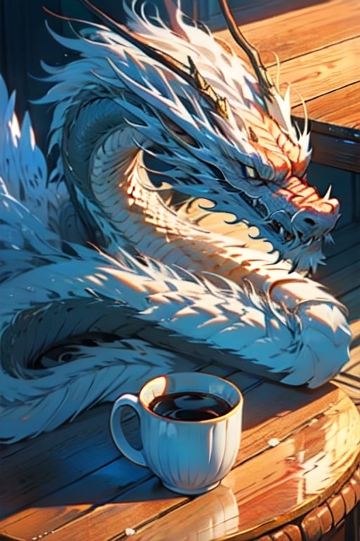 White glazed black coffee mug with a beautifully detailed dragon design, sitting on a dark round mahogany table. Photorealistic photo ,white dragon