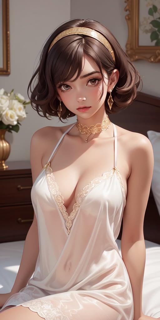 (Masterpiece, Best Quality, african american female, Photorealistic, High Resolution, Looking At Viewer, Upper Body, Light, 1 Girl, Solo, Beautiful Young Girl, 20 Years Old, Short curly Hair, (Brown Hair),  cleavage, hair ornament,  choker, dress, hairband, gold lace trimmed dress, white choker, red hairband, gold lace trim, white dress, earrings, jewelry, see-through dress, nightgown, sitting in the bedroom 