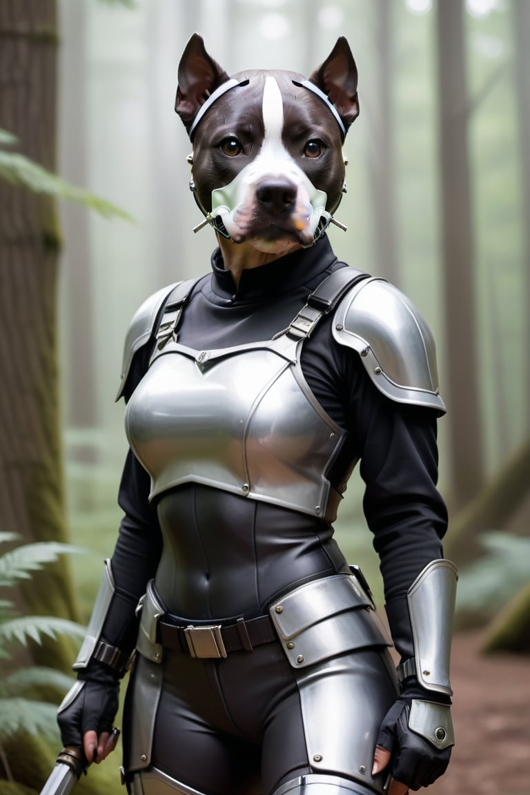 Cute black small pit bull female  terrier mix, with black hair small head, and black body, white streak of hair from under her head to the abdomen, half side of face metallic mask, big cute perfect brown eyes, wearing mechanical uniform white trim, holding light glowing sabers, standing in heroic pose, forest in background.