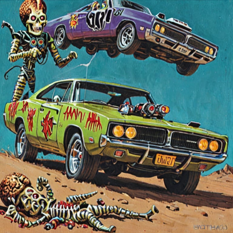 a painting of a dodge charger 1969 car, marsattacks style, 
