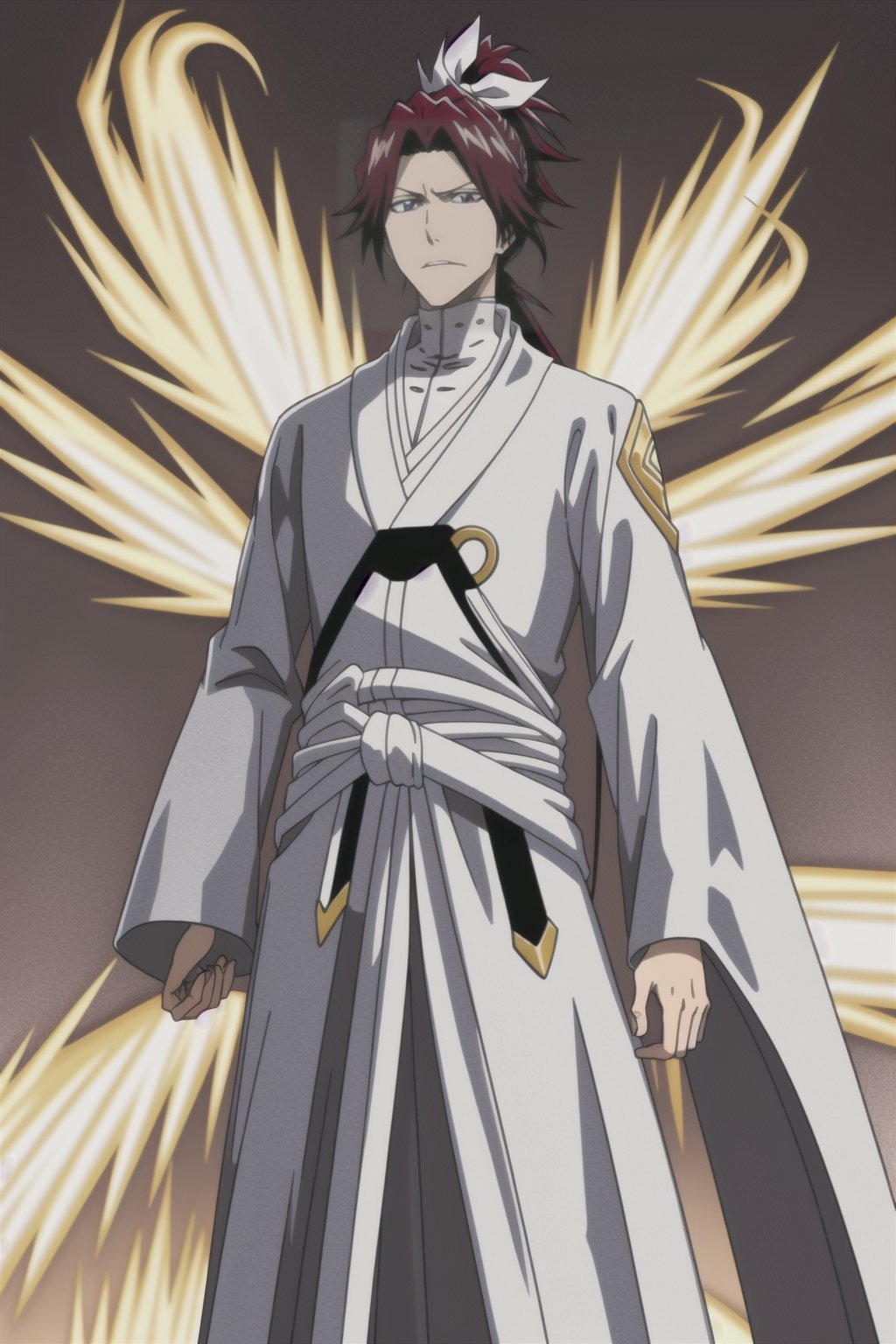 Standing tall is a Quincy adorned in flowing white robes accented with intricate golden embellishments. His fiery red hair cascades down, tied neatly in a ponytail. In his hand rests a bow unlike any other, crafted from pure spiritual energy, its sleek form radiating power and elegance.,bleach,,quincy,anime,<lora:659111690174031528:1.0>