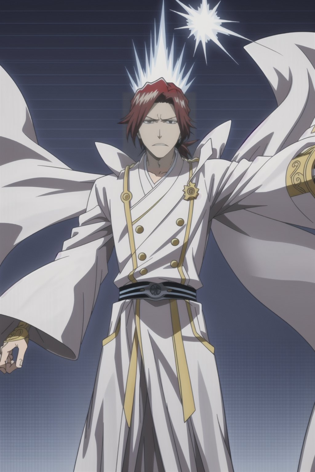 Standing tall is a Quincy adorned in flowing white robes accented with intricate golden embellishments. His fiery red hair cascades down, tied neatly in a ponytail. In his hand rests a bow unlike any other, crafted from pure spiritual energy, its sleek form radiating power and elegance.,bleach,,quincy,anime,<lora:659111690174031528:1.0>