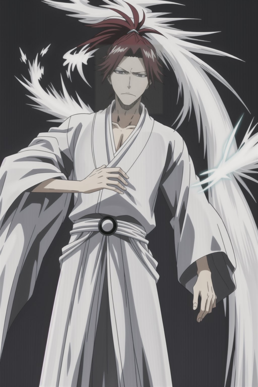 Standing tall is a Quincy adorned in flowing white robes accented with intricate golden embellishments. His fiery red hair cascades down, tied neatly in a ponytail. In his hand rests a bow unlike any other, crafted from pure spiritual energy, its sleek form radiating power and elegance.,bleach,,quincy,anime,<lora:659111690174031528:1.0>