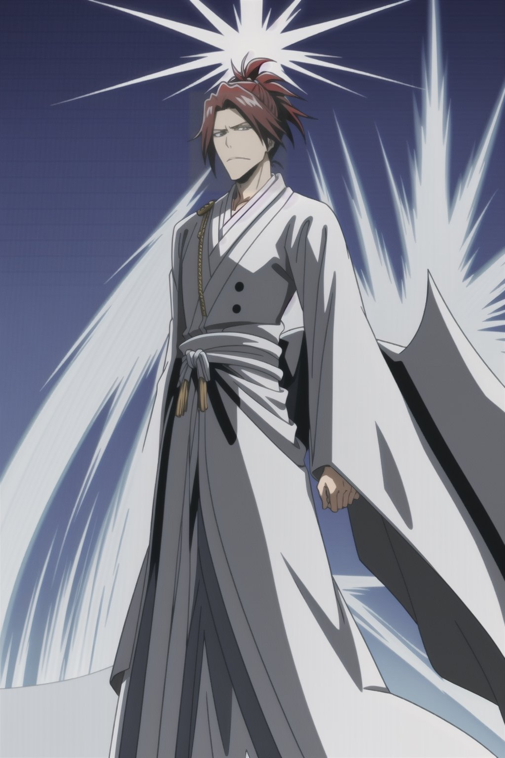 Standing tall is a Quincy adorned in flowing white robes accented with intricate golden embellishments. His fiery red hair cascades down, tied neatly in a ponytail. In his hand rests a bow unlike any other, crafted from pure spiritual energy, its sleek form radiating power and elegance.,bleach,,quincy,anime,<lora:659111690174031528:1.0>