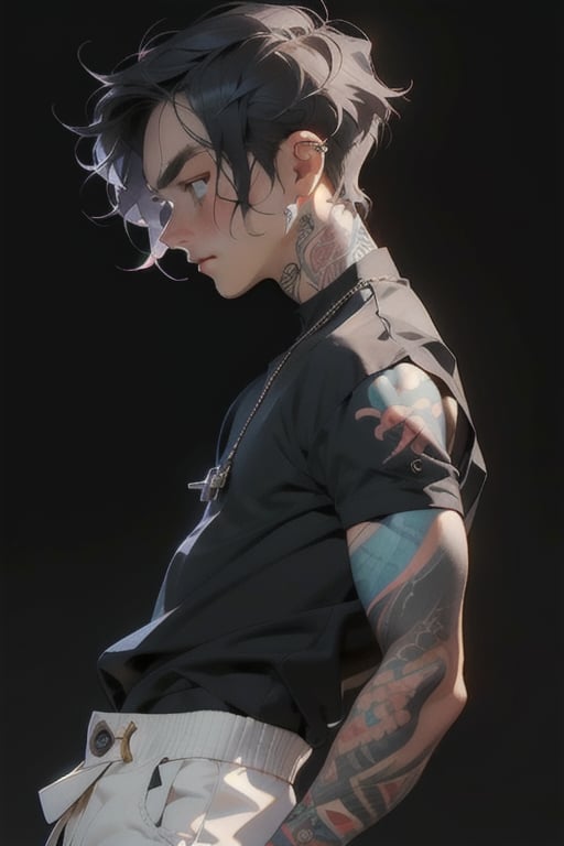 masterpiece, mid-length, 2D, realistic, cute 21-year-old boy, who has tattoos, piercings, cool guy, slender boy, side profile, sexy, nice eyes, goth background