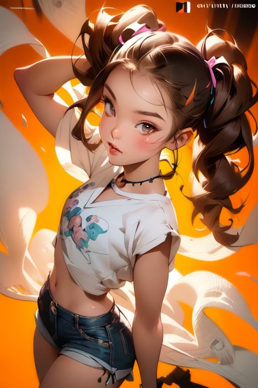 (midlength portrait), (masterpiece), (digital art), (hyper-detailed, anime, K-pop girl, magazine cover, model, beautiful girl, cute pigtails hairstyle, studio light, (2D), cartoon, imaginative, dynamic pose, modern fashion, jean shorts, cute face, oil painting style,Fechin