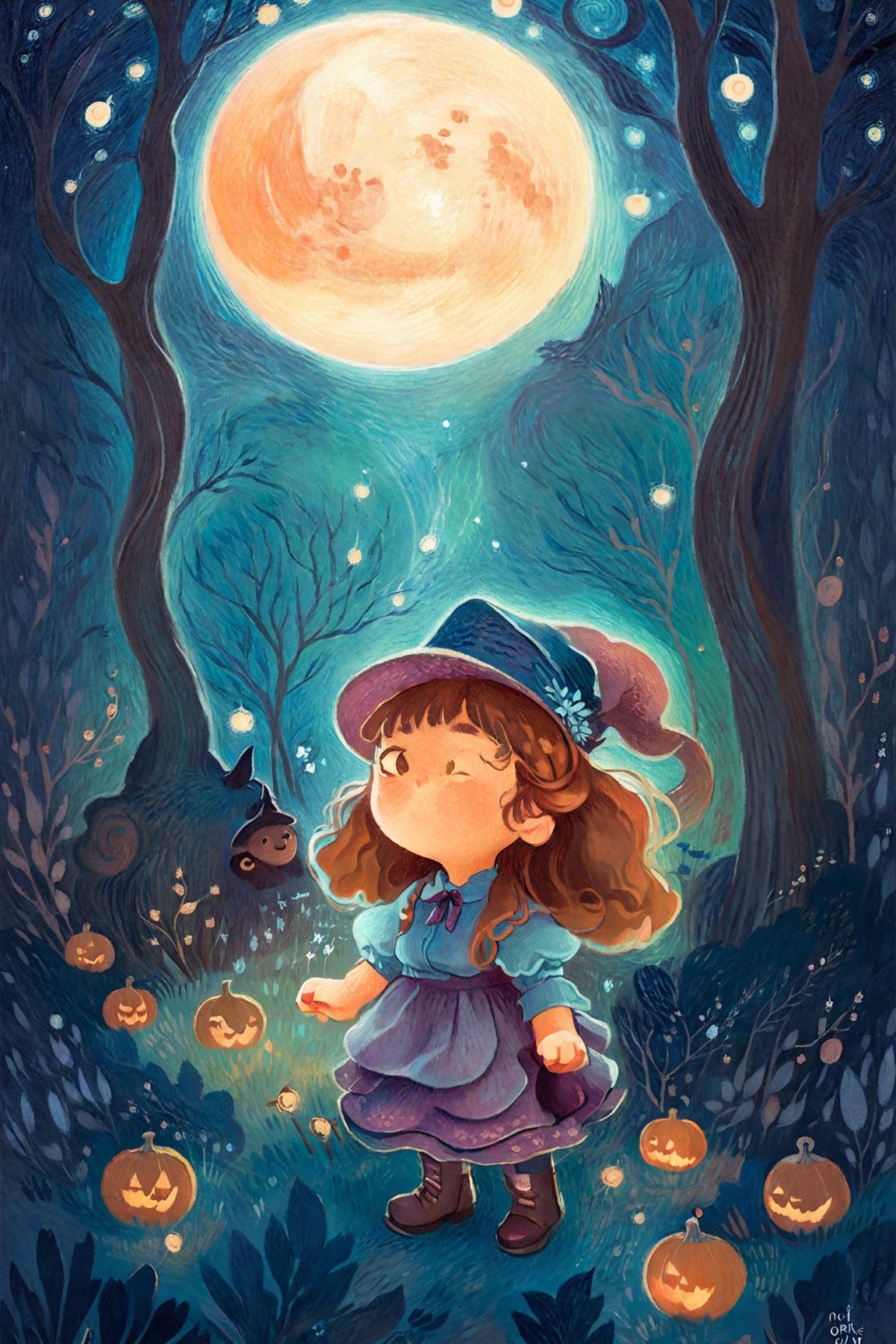 By Van gogh, forest, stars, moon, night, oil painting, highly detailed, sharpness, dynamic lighting, super detailing, van gogh sight background, painterley effect, post impressionism, ,oil painting, 1girl, brown long hair, black eyes, brown vintage dress with hat,2-dimension_animated, masterpiece,cartoon, autumn, a cute cat follow the girl