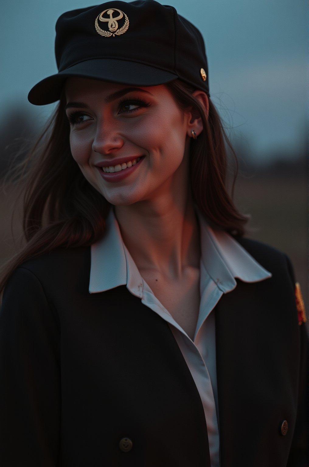 A beautiful brunette pilot girl, beautiful, moody lighting, best quality, full body portrait, real picture, intricate details, depth of field, Fujifilm xt3, outdoors, beautiful lighting, raw photo, 8k uhd, film grain, unreal engine 5, ray trace