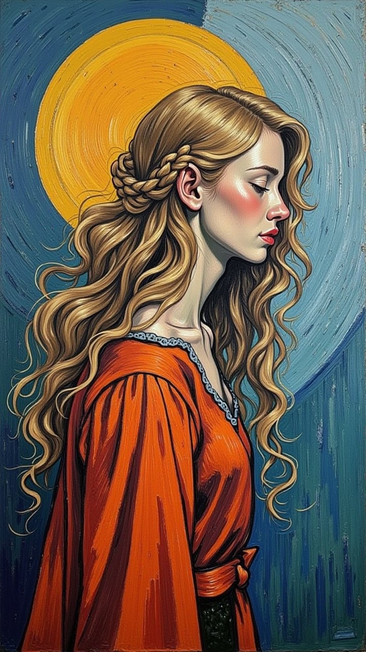 (Painting on canvas, oil painting, abstract painting, full colours, perfect composition, perfect contrast, perfect brightness). An abstract surrealist masterpiece. A beautiful girl with long wavy hair, evoking the eerie atmosphere of Zdzislaw Beksinski's works. Style reminiscent of Gabriel Pacheco, Graham Sutherland, and Tracy Adams, Vincent van gogh painting style.