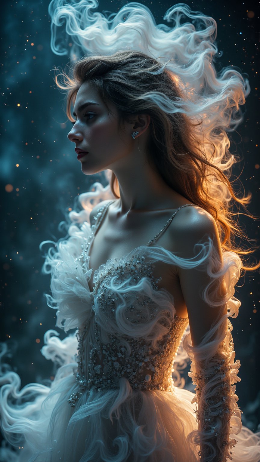 Photo of a beautiful exotic buxom woman in an ethereal and light full flow made of smoke which morphs into her hair and a dress made completely of smoke. (((Hair & dress completely made of smoke))). Translucent, arabesque, ghostly. A background of stars and nebula. Photograph, hyper detailed, hyper realistic, hyper photorealistic, sharp focus, 8k resolution
