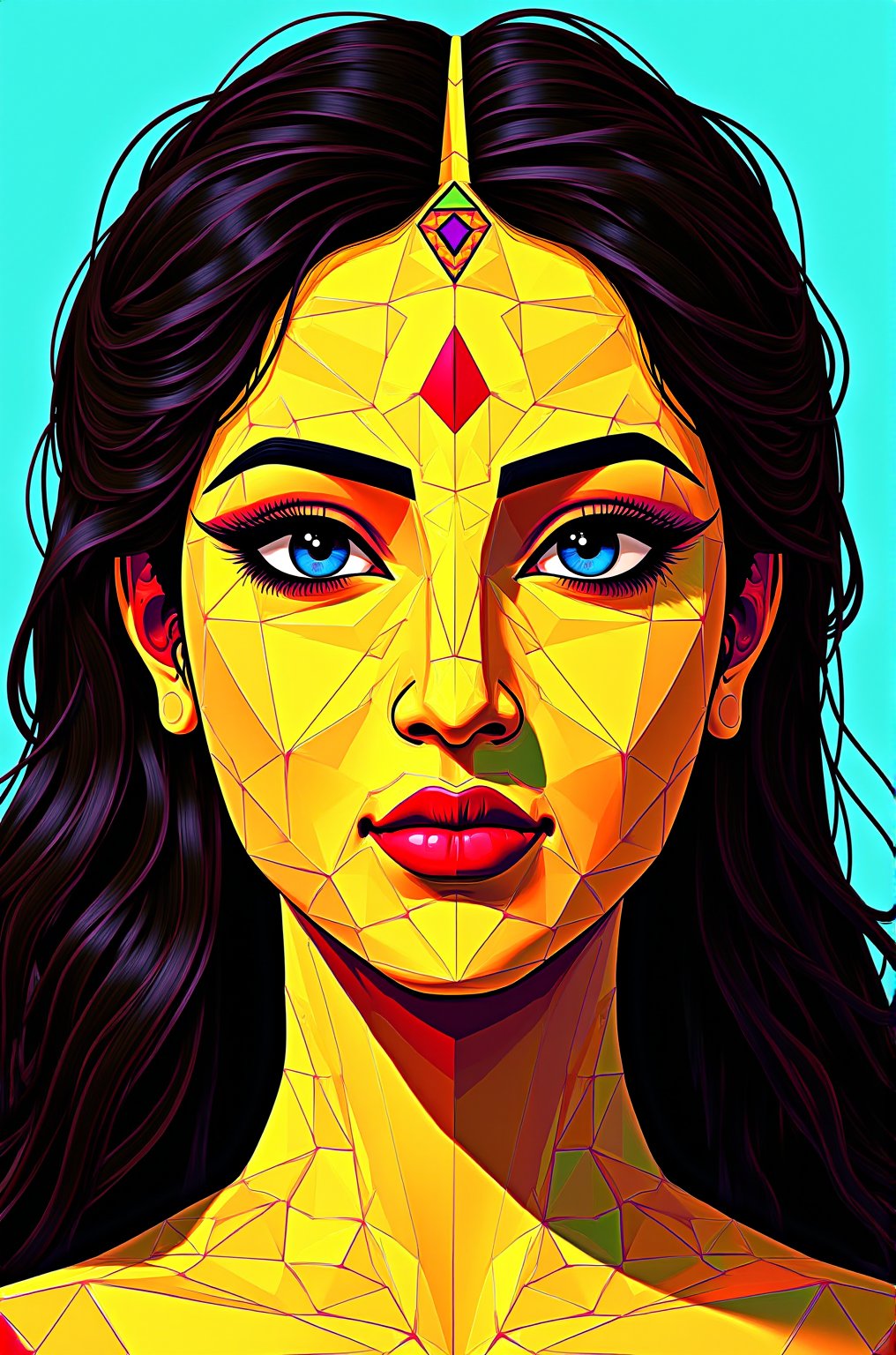 Here's a prompt for an SD illustration: Generate a masterpiece artwork of Varalakshmi Amman's face, composed of interlocking triangles and polygons that create a 3D illusion. The stylized features are rendered in vibrant hues of yellow, black, and red, set against a rich light cyan background that highlights the dynamic composition. The overall design evokes a futuristic, cybernetic feel, as if the goddess's face is constructed from digital components. Create an extremely detailed piece with 8K resolution, showcasing intricate textures and geometric patterns that seem to shift and shimmer in the light.