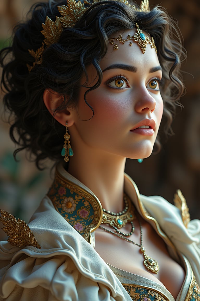  Ancient  Princess, fantasy concept, realistic, jewelry, white fair skin tone, curly hair, ultra realistic, cinematic colors, 8k, crispy details