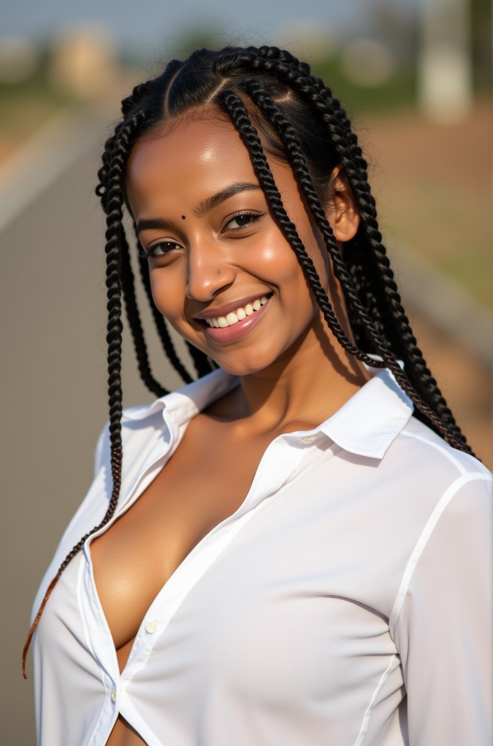 Exactly the image attached, Single Realistic 25 years old Beautiful young sri lankan woman,honey skin tone,shiny braid hair,grin, long sleeve half open white shirt, see through