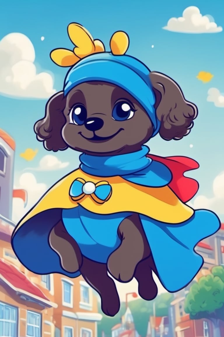 dog, a colorful town, a superhero poodle, wearing a bright blue cape, toothbrush best friend, flying around the town, sparkly blue cape, her toothpaste mask had a big, bright smile
,cute comic,cute dragon