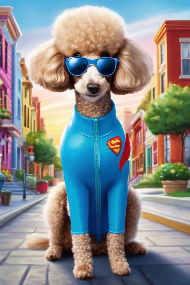 dog, a colorful town, a superhero poodle, wearing a special toothbrush cape and toothpaste mask, flying around the town, sparkly blue toothbrush cape, her toothpaste mask had a big, bright smile
