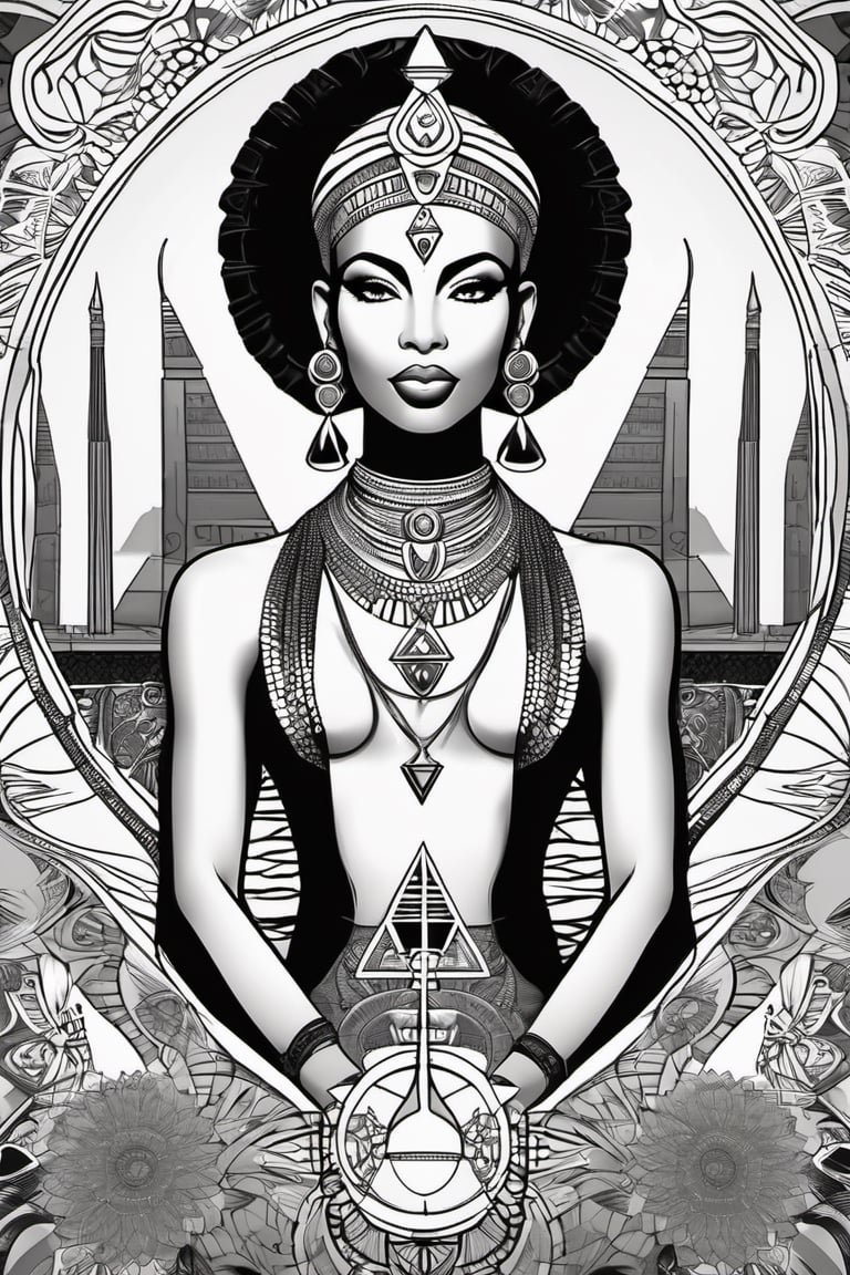 black and white comic book, cartoon illustration, coloring book page, black woman, egyptian art, ankh, pyramid, djed,  illustration,  black and white coloring book style, clean, line art, fractal art, sacred geometry, 432hz cymatics, kemet, african meditation, 7 energy chakras,3d style,tshirt design,gh3a,c0l0 style