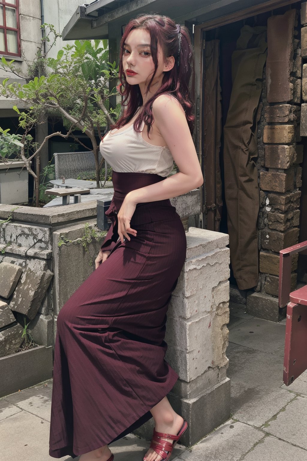 korean, 20 years old, 1girl , red colored hair,long skirt