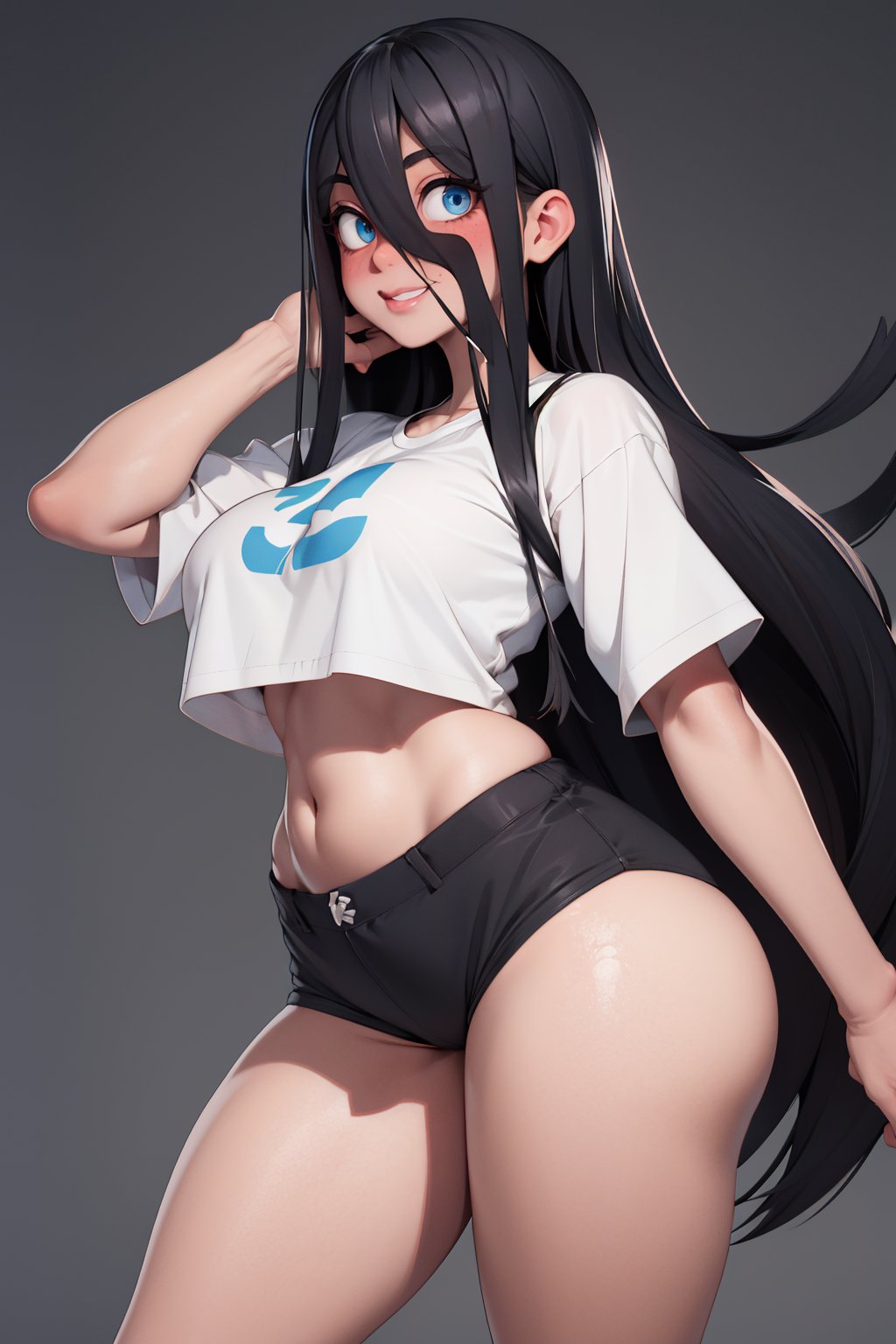 masterpiece, detailed, high quality, absurd, (hair over eyes), super long black hair, blue eyes, fair skin, blush, (huge breasts), big ass, wide hips, defined body, thick thighs, navel, belly, crotch, small top, short shorts, thin panties, (center opening), 3DMM, soft, bodycon, sadako, pussy.,EnvyBeautyMix23, smile.