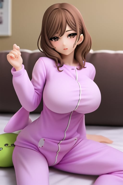 shemale wearing a diaper,brown hair with brown eyes, big boobs in a onesie