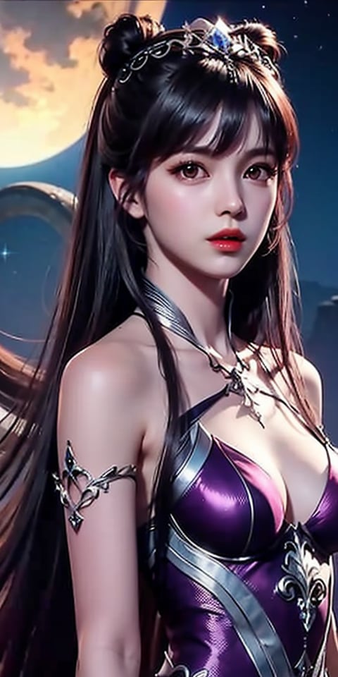 1girl, bare shoulders, black hair, breasts, full moon, lips, long hair, looking at viewer, medium breasts,  purple hair, sky, solo, tiara,小舞