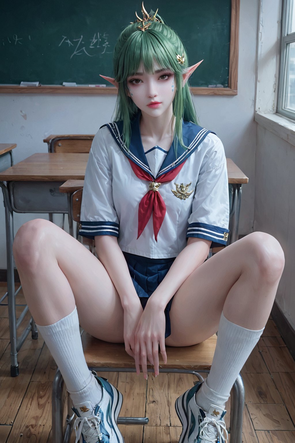 score_9,score_8_up,score_7_up,FengQingEr, 1girl, pointy ears,elf,facial mark, solo, looking at viewer,(Sailor Uniform:1.2), bangs, brown eyes, hair ornament , green hair,, lips , realistic,classroom,desk ,sitting on the chair,White mid calf socks,sneakers,white underwear,open legs