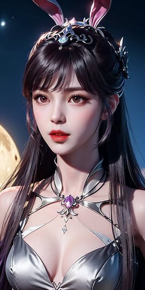 1girl,（Rabbit Ear Headwear）, bare shoulders, black hair, breasts, full moon, lips, long hair, looking at viewer, medium breasts,  purple hair, sky, solo, tiara,小舞