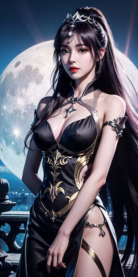 1girl, bare shoulders, black hair, breasts, full moon, lips, long hair, looking at viewer, medium breasts,  purple hair, sky, solo, tiara,小舞