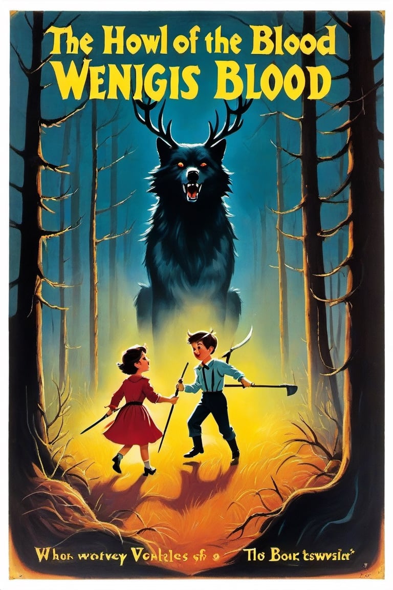 a 1950s movie poster for a 1920s Create a captivating and whimsical book cover for the juvenile horror/humor novel titled "The Howl of the Wendigo," part of the series "The Wolves of Blood Creek" by J.R. Ghostwood.