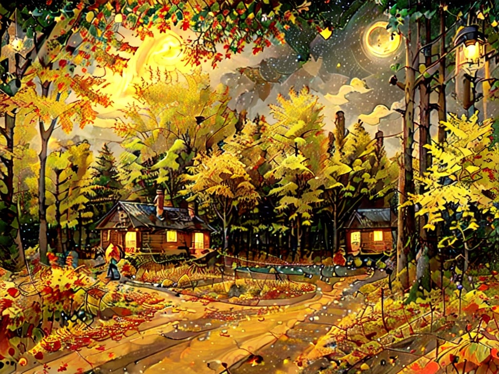 1930s (style),a cabins;s surrounded by fall maple trees on a star-filled  night Sketch, autumn_leaves, star_(sky),Lofi,LOFI,cassdawnlvl1,day,EpicArt