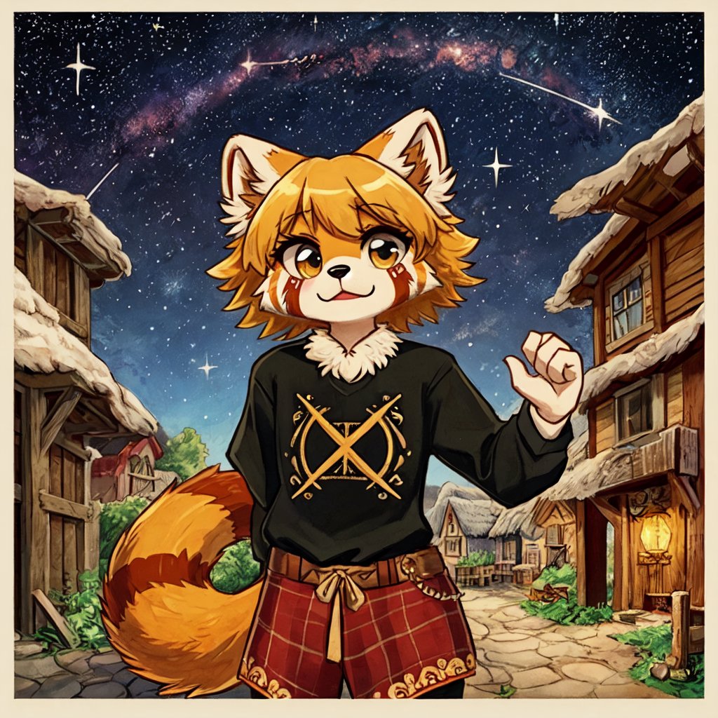 1930s (style), kawaii, a full-body portrait of an anthropomorphic male golden retriever with red panda fur markings fursuit, with glowing celestial constellation face tattoos wearing a bohemian-style outfit, with a mix of Yakut and Sami symbolism embroidered on his shirt, surrounded by the rustic beauty of a Welsh village, complex lighting and shadows,FFIXBG