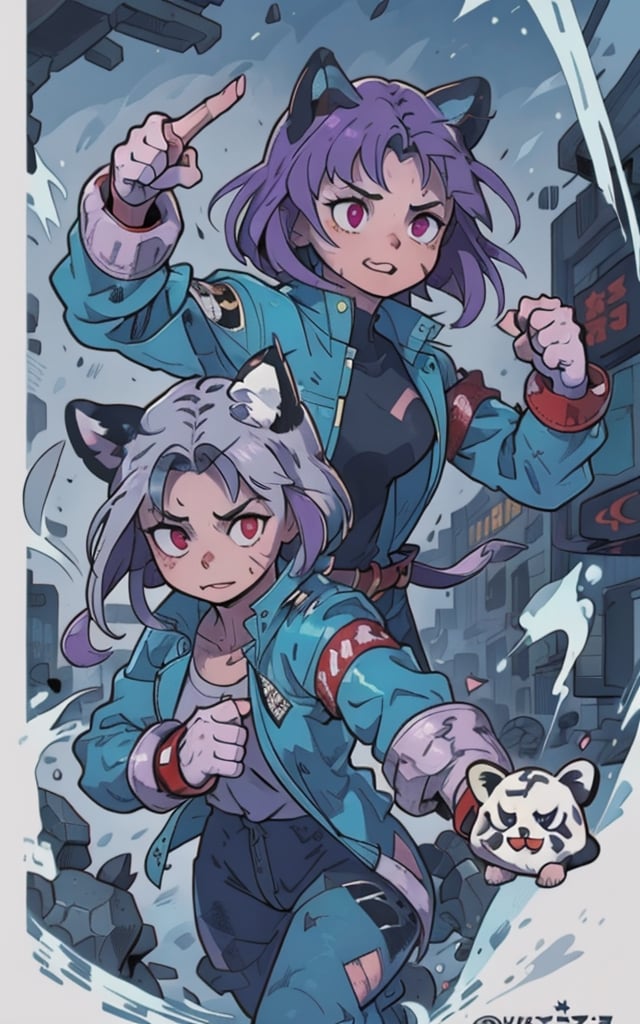 Comic, kawaii, master piece, beautiful girl in an abandoned zombie filled city, red_panda, paw_gloves, Fur_boots, animal_marking, face_paint, chocolate_hair, violet_eyes, furry_jacket,yofukashi background, zombies,hinata,1990s \(style\),kusanagi motoko,city,chundef, action_pose, battle_stance, back_pack,running,teenage , ripped_clothing, bloody_clothes, sweatpants,Circle,vectorstyle, happy_face, hungry,cammy sf6,c.c.,manga,manwha