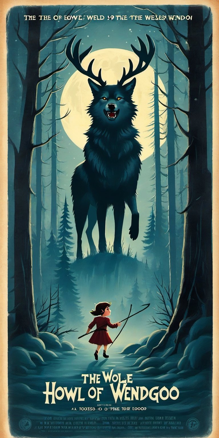 Create a captivating and whimsical 1950s movie poster for a 1920s juvenile horror/humor novel titled "The Howl of the Wendigo," part of the series "The Wolves of Blood Creek" by J.R. Ghostwood.